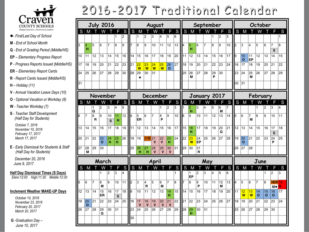 20172018 Craven County School Calendar Pomeroy